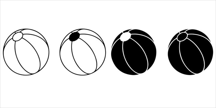 Beach ball silhouette and outline icon collection with black and white inflatable summer toy variations isolated on gray background in minimal vector style