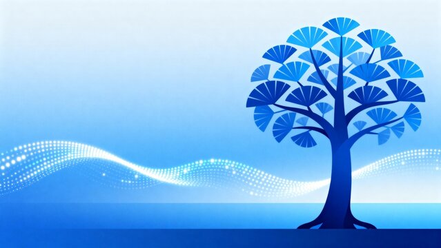 Blue stylized tree with wave pattern