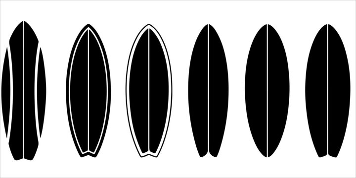 Minimal surfboard silhouette collection with black and white vector style layouts showing top, bottom and fin placement variations
