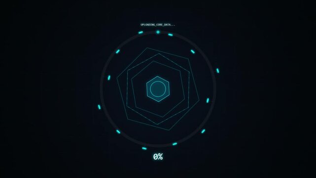 Digital data upload process interface with abstract neon loading circle