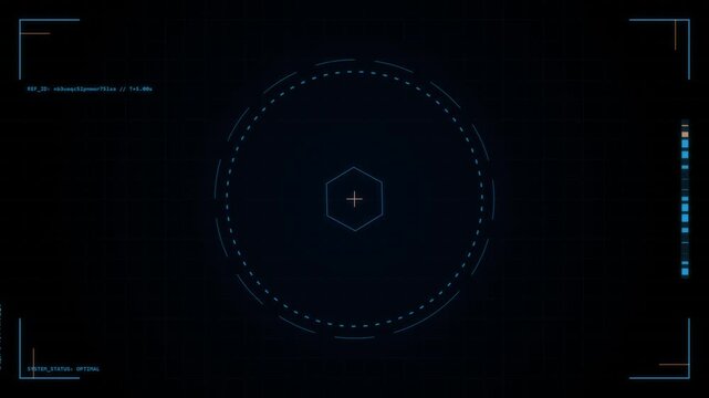 Animated digital HUD display with error and optimal system status on a black screen