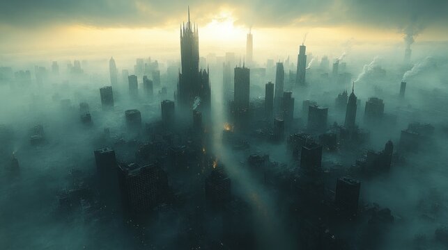 Fog-shrouded metropolis with towering spire, smoking chimneys and glowing fires as pale sunlight breaks through hazy sky, creating an eerie, desolate and foreboding atmosphere