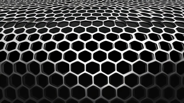 Curved metallic hexagonal mesh with glossy black honeycomb openings, repeating geometric pattern and sleek futuristic mood
