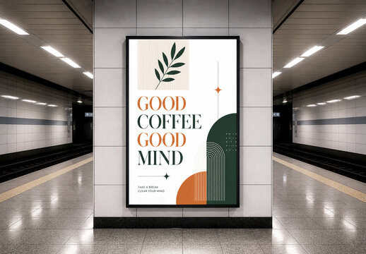 Poster Mockup on Subway Station Pillar with Underground Background