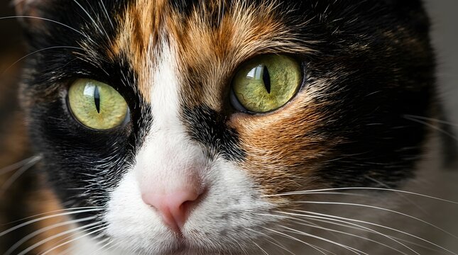 Close up macro portrait of a calico cat face with bright green eyes