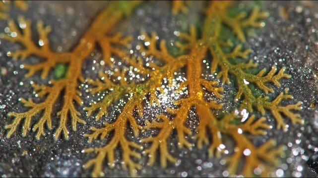 Close-up of vibrant branching algae with water droplets on dark surface