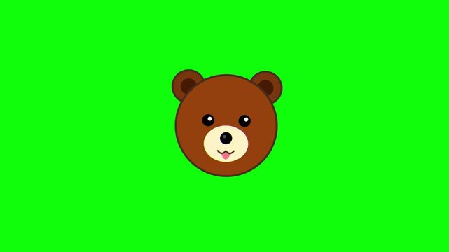 Cute Cartoon Brown Bear Head on Green Screen. 4K Video