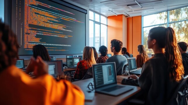 Students in a modern classroom attentively learning programming on laptops as lines of code are projected on a large screen, focused and collaborative atmosphere