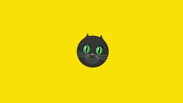 Cute Cartoon Black Cat Head with Green Eyes on Yellow Background. 4K Video