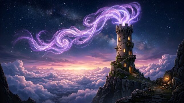 Magical stone tower with purple magic smoke on a cliff above clouds