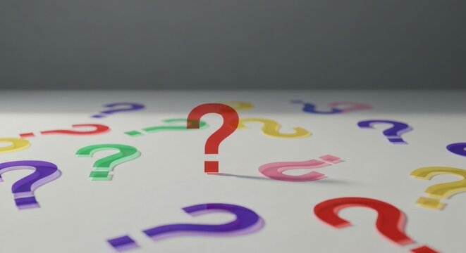 Question marks scattered, central one is upright
