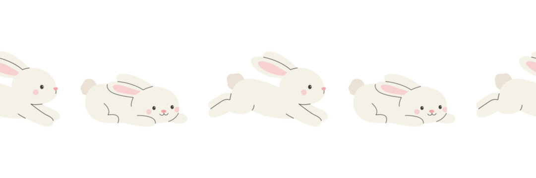 Cute seamless border with jumping white bunny. Simple repeating ribbon design for nursery decor, baby fabric, wrapping papper and banner. Flat vector illustration