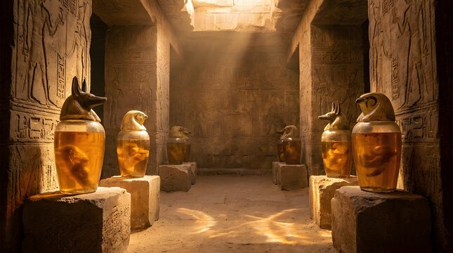 Ancient Egyptian burial chamber with canopic jars illuminated by sunlight