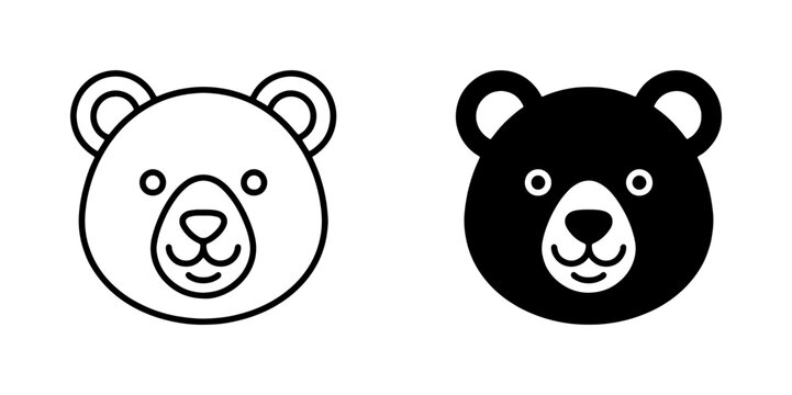 Cute Bear Face Icons, Black and White Vector Graphics, Simple Animal Illustrations for Kids