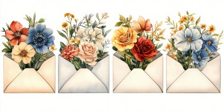 Four watercolor open envelopes each holding colorful floral bouquets of roses and wildflowers, cheerful romantic springtime greeting