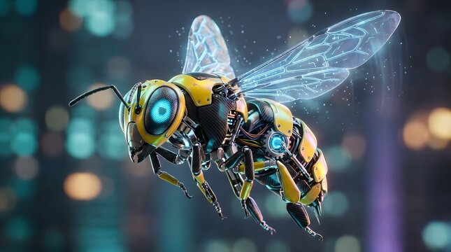 Robotic bee with glowing neon wings flying in a dark futuristic city