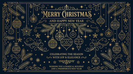 Obraz premium Luxurious Golden Christmas and New Year holiday greeting card with intricate festive ornaments and elegant decorative elements on a dark blue background, perfect for seasonal celebrations