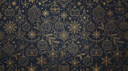 Naklejka premium Elegant gold Christmas seamless pattern with festive ornaments, sparkling stars, and delicate snowflakes on a dark background for holiday designs and winter celebrations