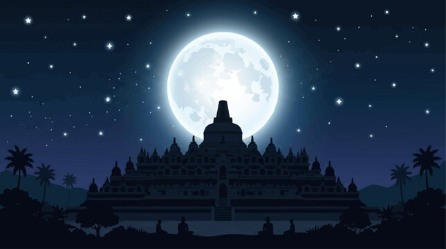 Borobudur temple at night with full moon ancient Indonesian architecture under starry sky with palm trees serene and mystical landscape