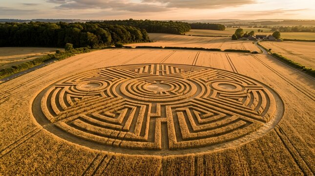 Aerial view of a mysterious circular crop circle pattern in a wheat field at sunset