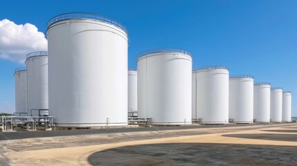 Obraz premium Large white industrial storage tank set under clear blue sky at petroleum or chemical facility with concrete ground and safety railings on top