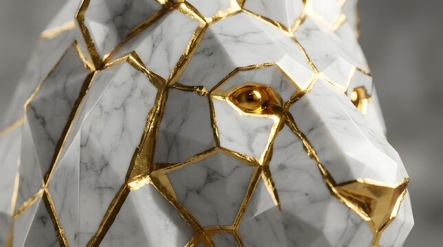 Close-up of a geometric marble leopard sculpture with gold accents