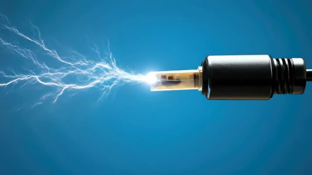 Dynamic electrical current flows from a modern technology cable, symbolizing powerful energy transmission and digital data connectivity, representing advanced electric power systems