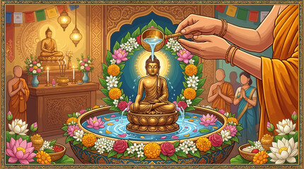 Obraz premium Buddha statue in a serene temple setting with floral decorations and monks representing spiritual tranquility and cultural heritage of Buddhism.