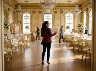 Fototapeta premium Professional Event Planner Reviewing Venue Floor Plan in Luxury Ballroom