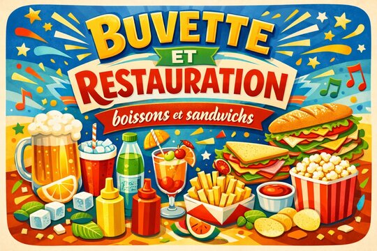 Affiche, panneau, flyer pour Buvette et restauration rapide, boissons et sandwichs
