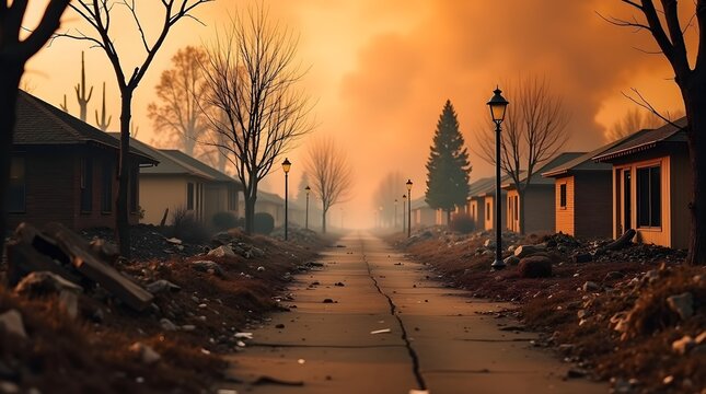 Desolate Neighborhood Street with Abandoned Houses and Hazy Smoky Skies at Sunset