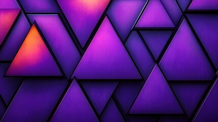 layered 3d metallic purple and orange triangular panels forming a geometric abstract pattern with glowing gradient accents, sleek futuristic energetic mood