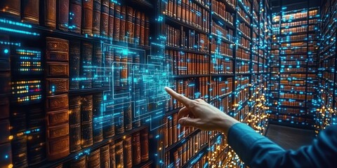 hand reaching to holographic blue data interface projected over rows of leather-bound books in a dim library, evoking wonder and discovery