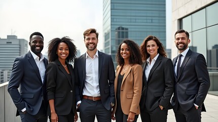Obraz premium Diverse Team of Six Business Professionals Posing Confidently on Rooftop with City Skyline Background