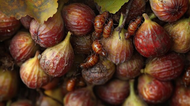 close-up cluster of ripe red figs with orange-brown larvae crawling on decaying fruit, damp textured skin, unsettling and creepy infestation scene