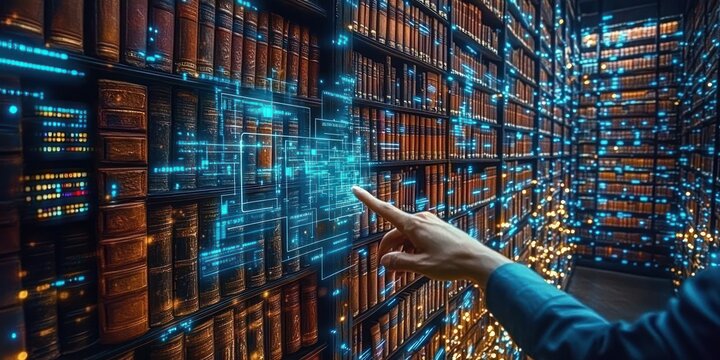 hand reaching to holographic blue data interface projected over rows of leather-bound books in a dim library, evoking wonder and discovery
