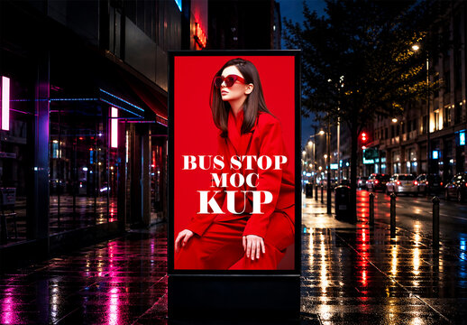 Red fashion bus stop billboard mockup in rainy night city