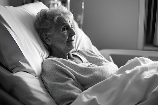 Black and white portrait of sick pensioner in medical bed reflecting loneliness old age health problems and hope for recovery