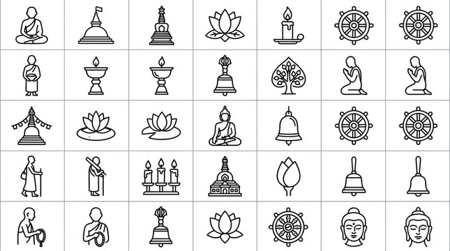 Buddhist symbols and Buddha icons set various meditation and spiritual signs lotus flowers and mandalas sacred Buddhist imagery