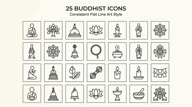 A set of 25 Buddhist icons in a consistent flat line art style featuring various religious symbols and figures.