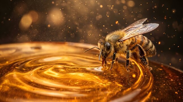 A honey bee drinks fresh golden honey from a reflective liquid surface