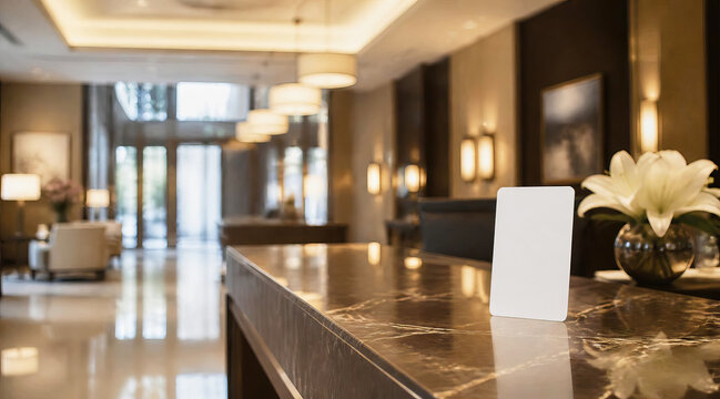Blank hotel reception desk sign card in luxury modern lobby
