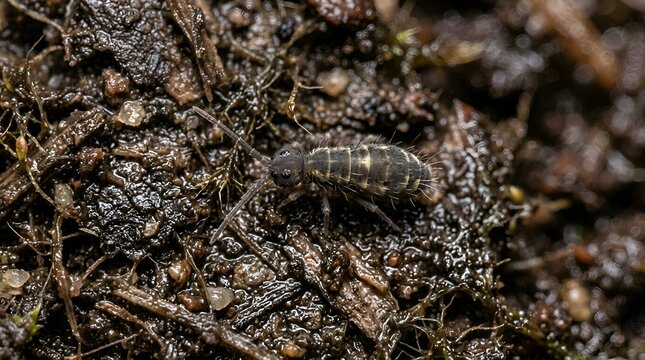 Extreme Macro of a Springtail Insect on Moist Soil