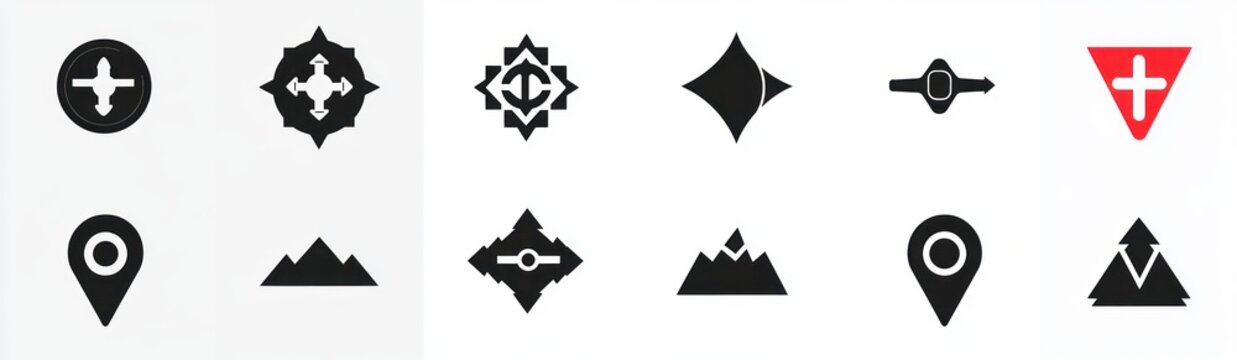 Minimal set of black navigation and mountain icons showing map pins, compass and diamond symbols, varied mountain silhouettes and a single red triangular badge evoking exploration and order
