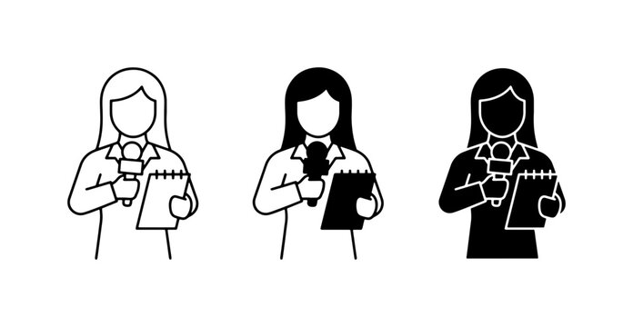 Journalist Icon Set, News Reporter Vector Graphics, Media Professional Symbols, Interviewer Silhouette