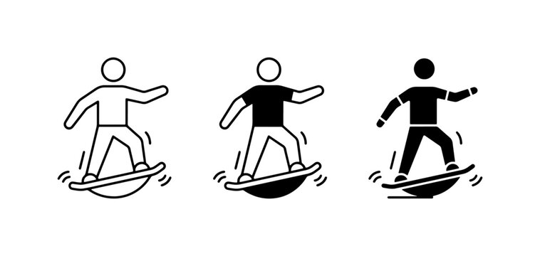 Balance Board Icons: Human Figure Training, Fitness, Core Strength, Stability, Action