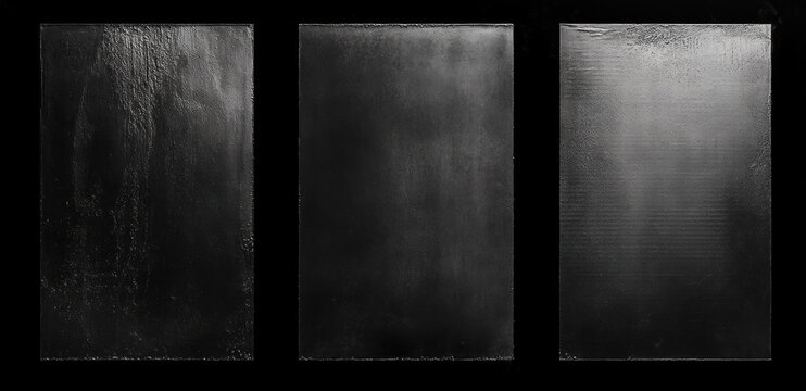 Three vertical textured black panels on dark background conveying moody minimalist abstraction