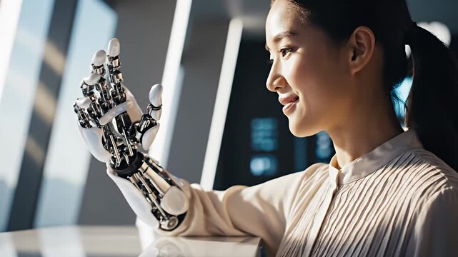 Smiling woman with robotic arm in bright modern office.