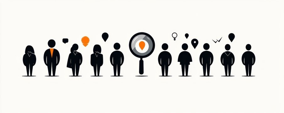 row of stylized human figures with speech bubbles, pins, and a magnifying glass highlighting a target pin over one person, orange accents conveying searching, selection, and focus
