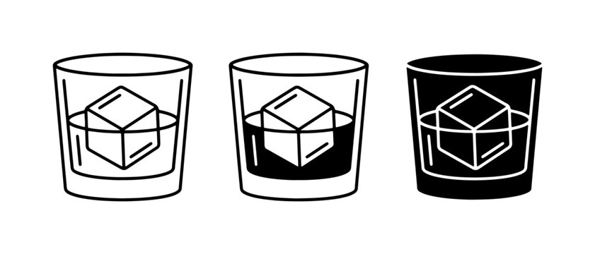 Whiskey Glasses with Ice Cubes, Minimalist Drink Icons, Alcohol Beverage Set